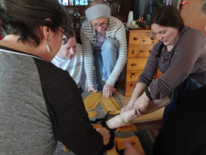 Melissa P. demonstrates how to measure where to end pucker toe stitches.